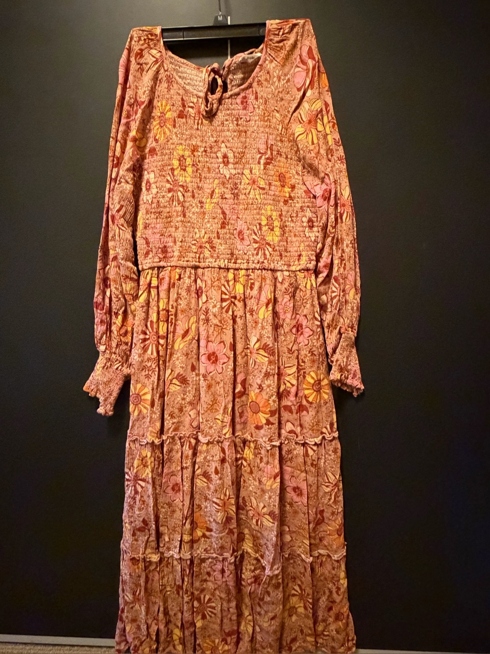 In Loom Floral Long Sleeve Tiered Maxi Dress - Rust Pink (L)